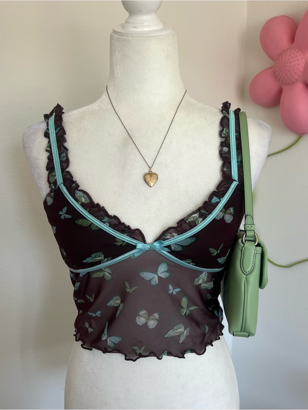Urban Outfitters Butterfly Crop Top with Aqua Trim